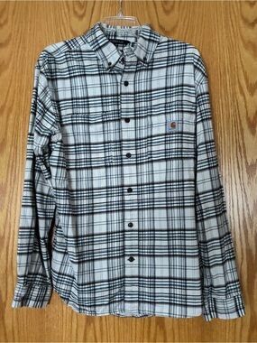 Carhartt Flannel Shirt, Sz. M, Cream/Brown/Blue Plaid, Relaxed Fit, Rugged Flex